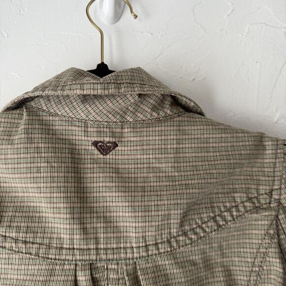 Roxy Jacket Y2k Small Brown Plaid Cropped Blazer 3/4 Sleeve Utility Pockets Twee - Picture 7 of 8